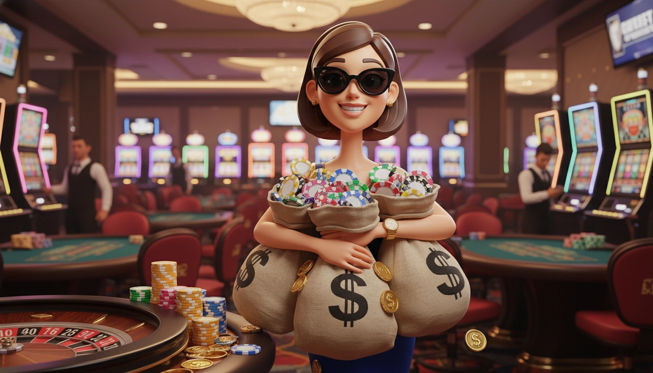 Casino character holding bags of chips after discovering PayID benefits
