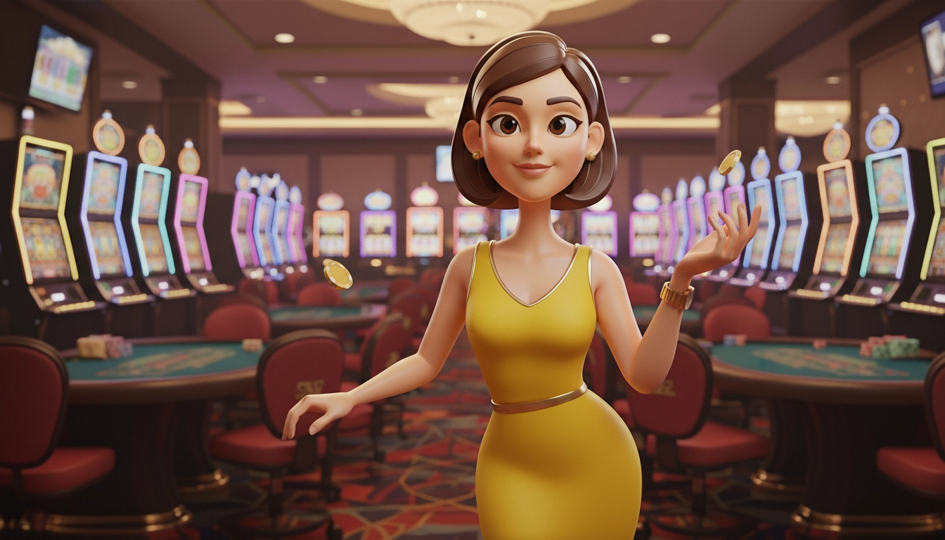 Casino character standing in front of slot machines introducing PayID pokies
