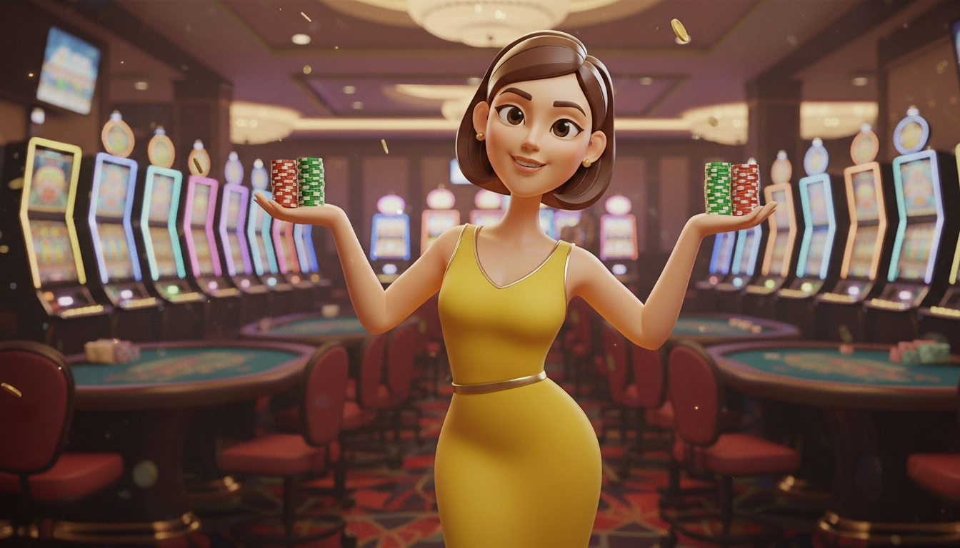 Casino character holding bags of chips after discovering PayID pokies benefits