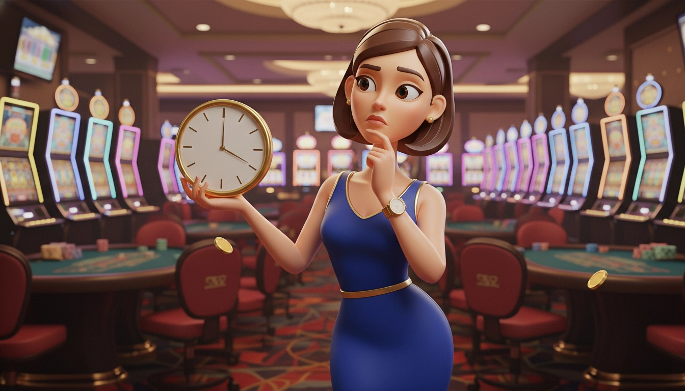 Casino character thinking about time and PayID advantages at slot machines