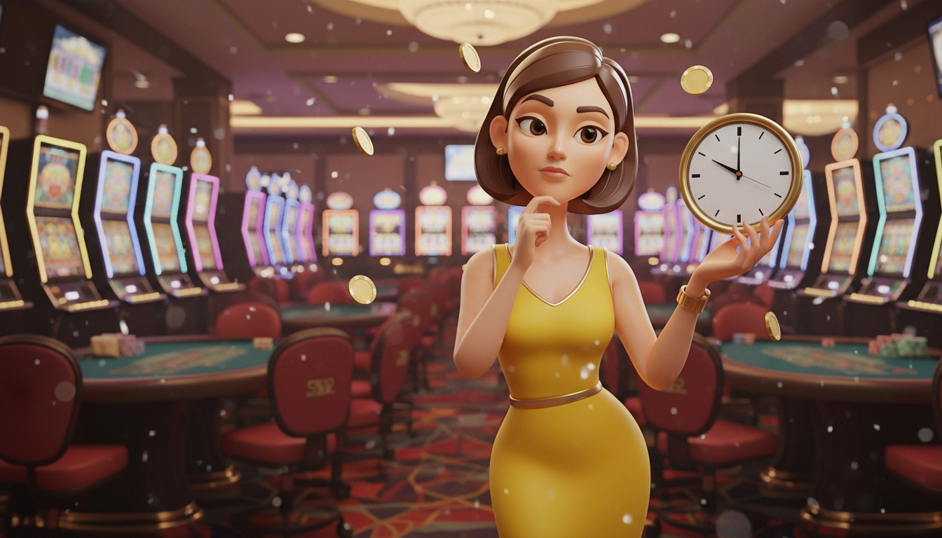 Casino character thinking about time and PayID advantages at slot machines